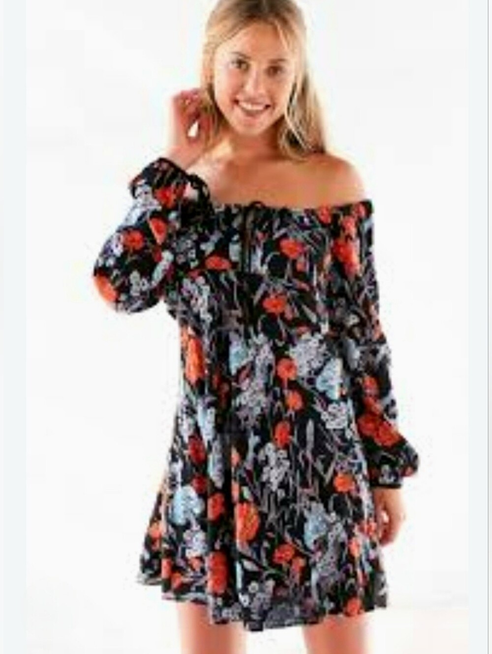Urban Outfitters Ecotè Black Floral Off-Shoulder Mini Dress Long Sleeves w/Ties